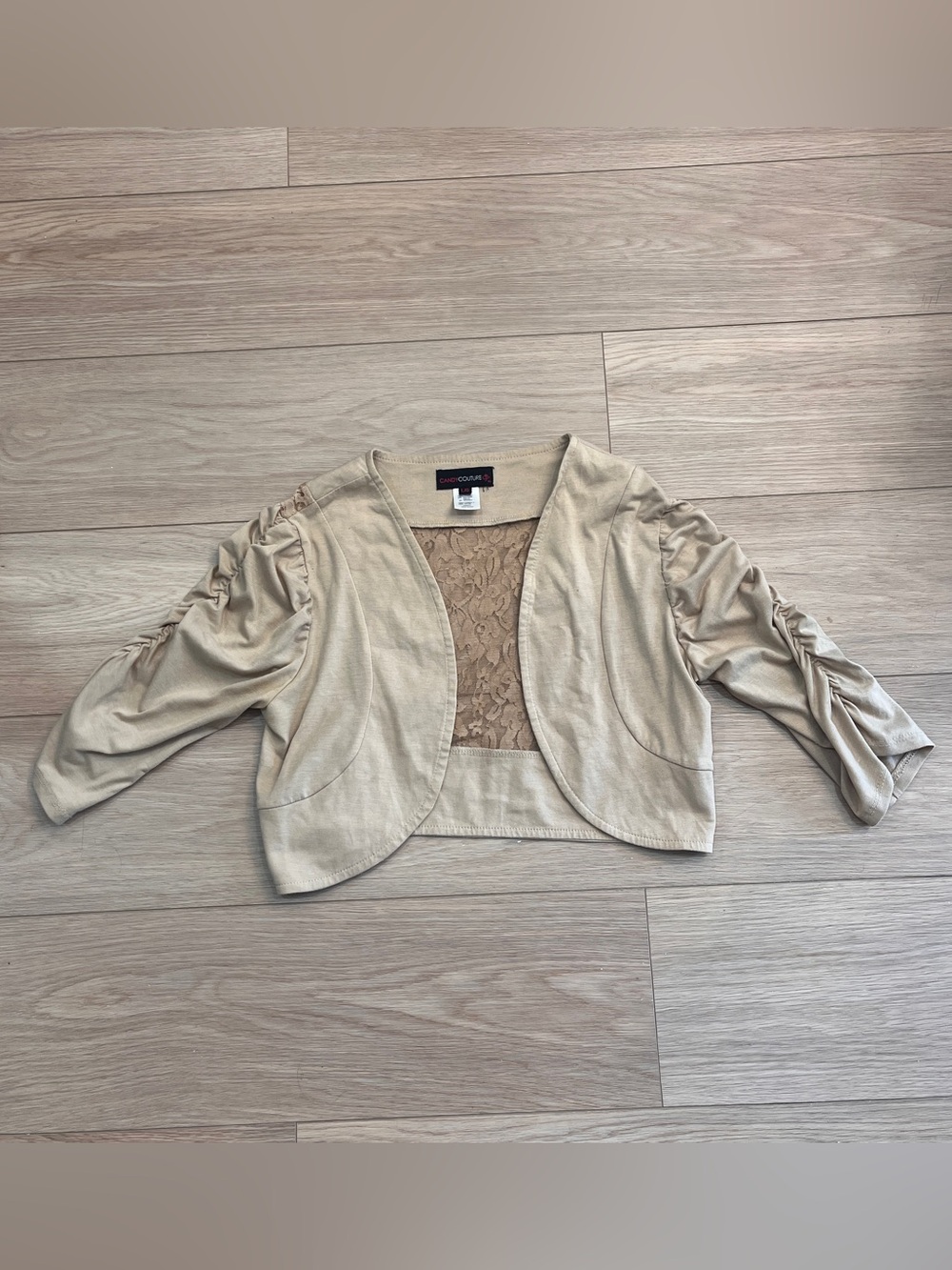 Candy Couture Y2K Beige Lace Back Ruched Sleeve Cropped Bolero Cardigan